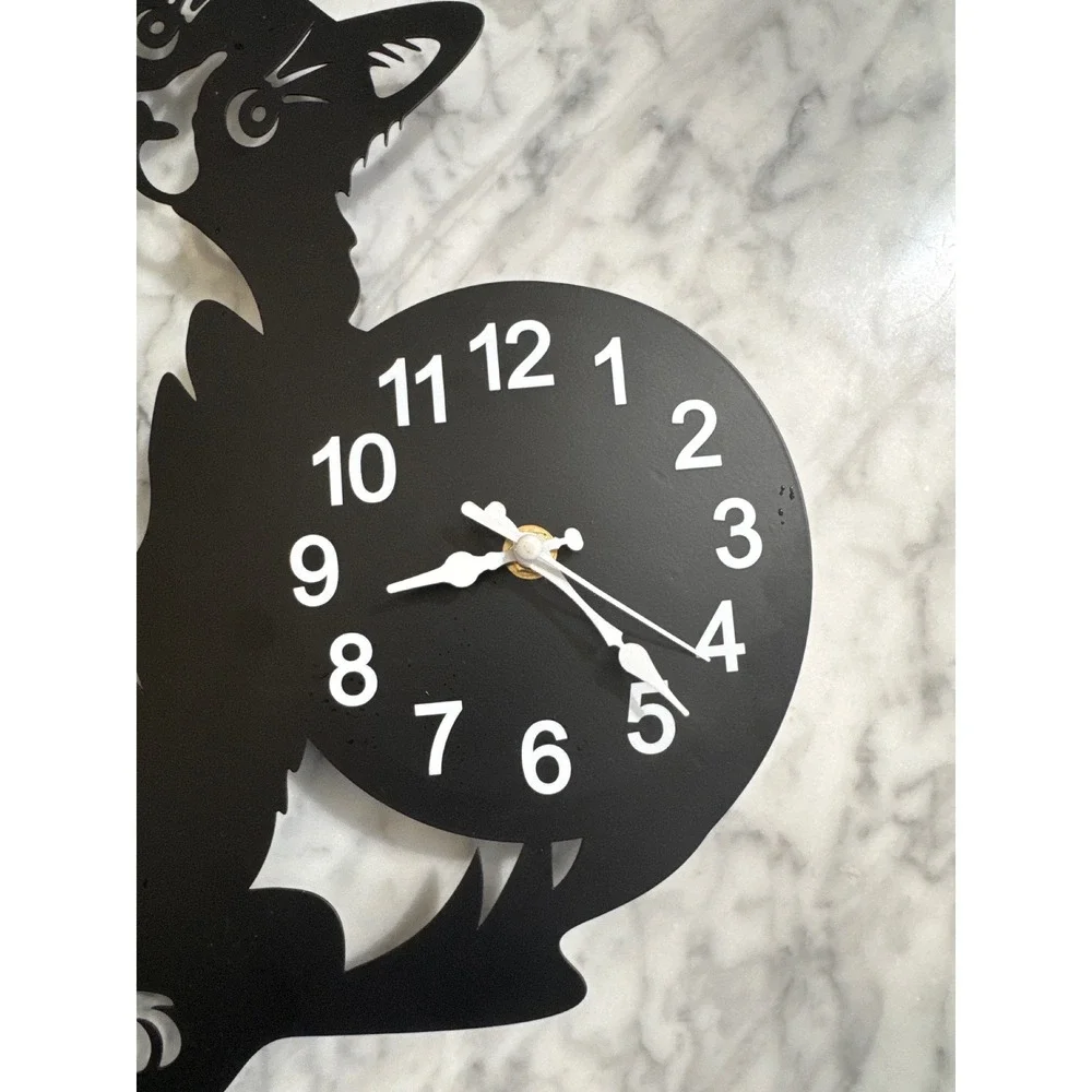 Black Metal Curious Cat Silhouette Wall Clock Whimsical Feline Home Decor Analog